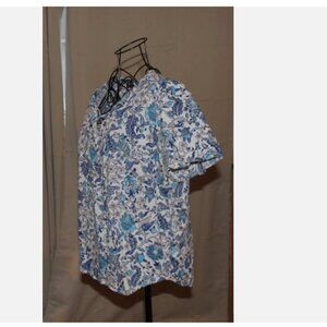 Blue & White Floral Blouse M Drawstring Neck All Cotton Short Sleeve Top Shirt
